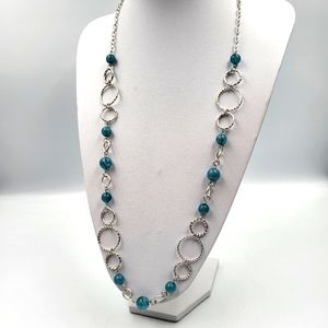 Aqua Beads, Silver Circles on Long Chain